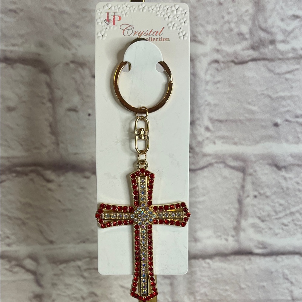 Red and Gold Rhinestone Cross Keychain - Picture 4 of 5
